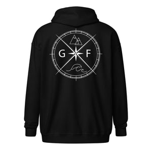 GF Compass- white text zip hoodie