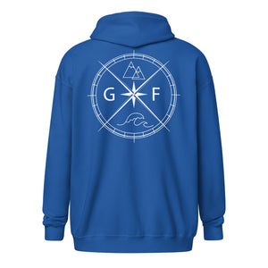 GF Compass- white text zip hoodie